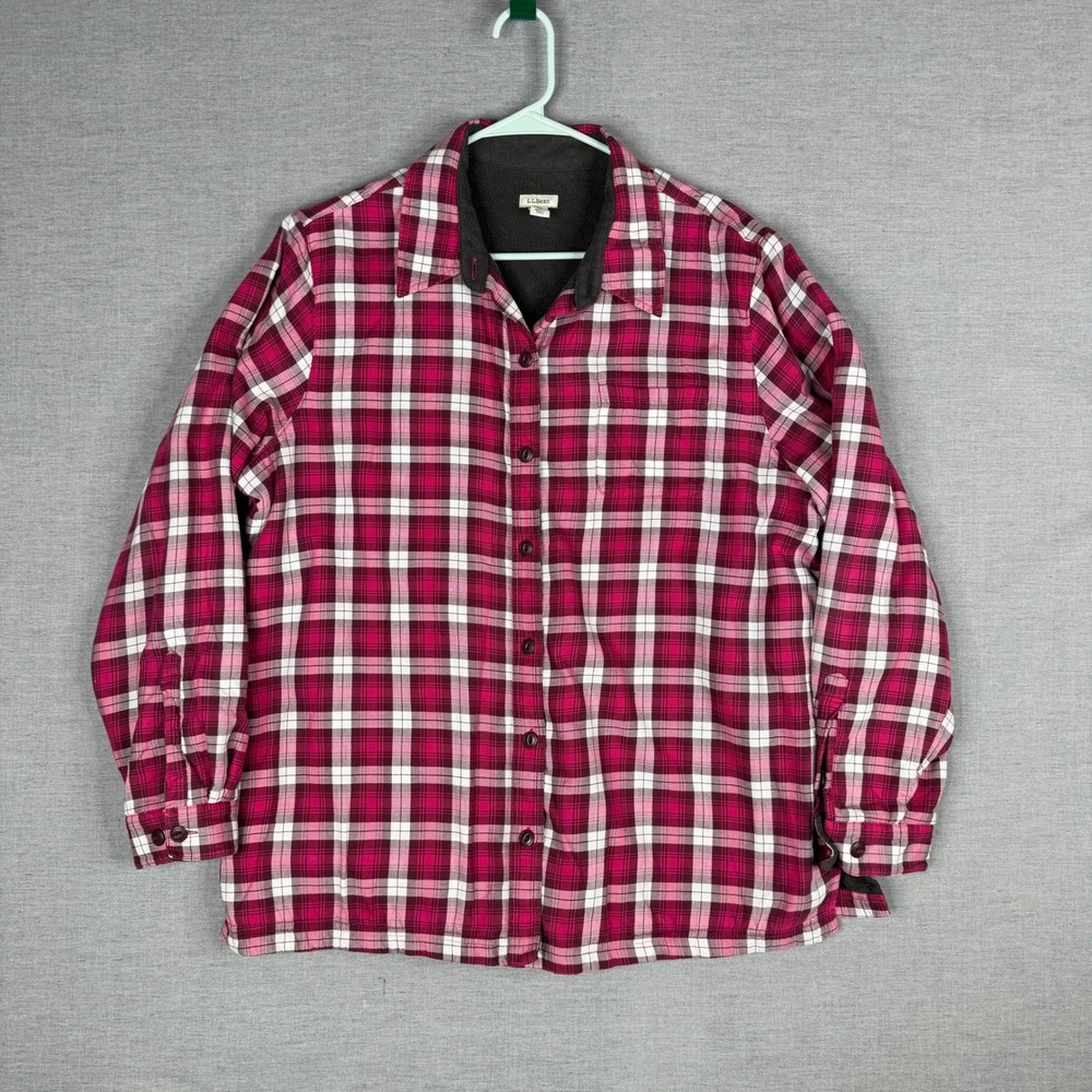 LL Bean‎ Women XL Fleece Lined Flannel Shirt Magenta Plaid Chore Barn Shacket
